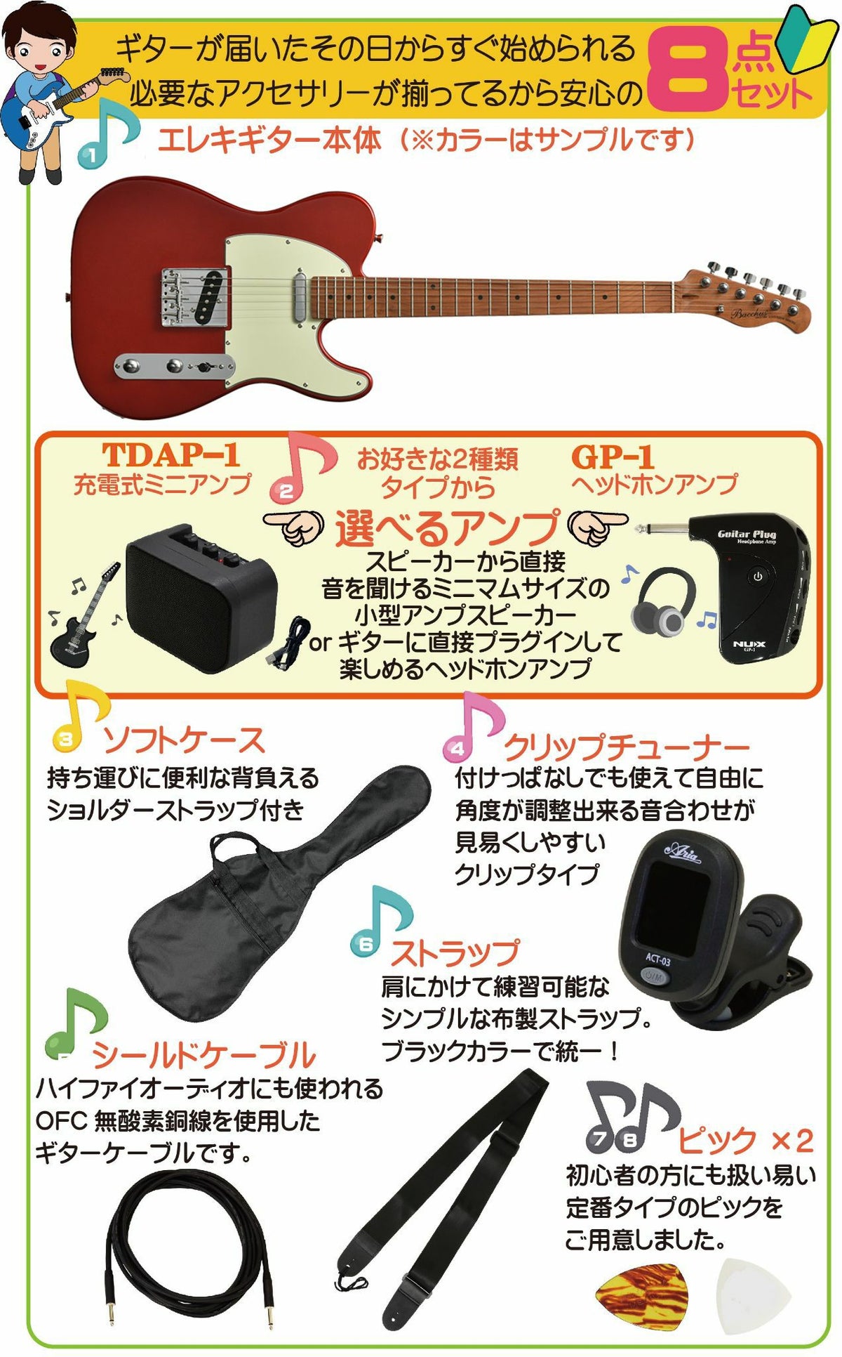 【アンプ8点セット付き】Bacchus BTE-1-RSM/M CAR SET内容